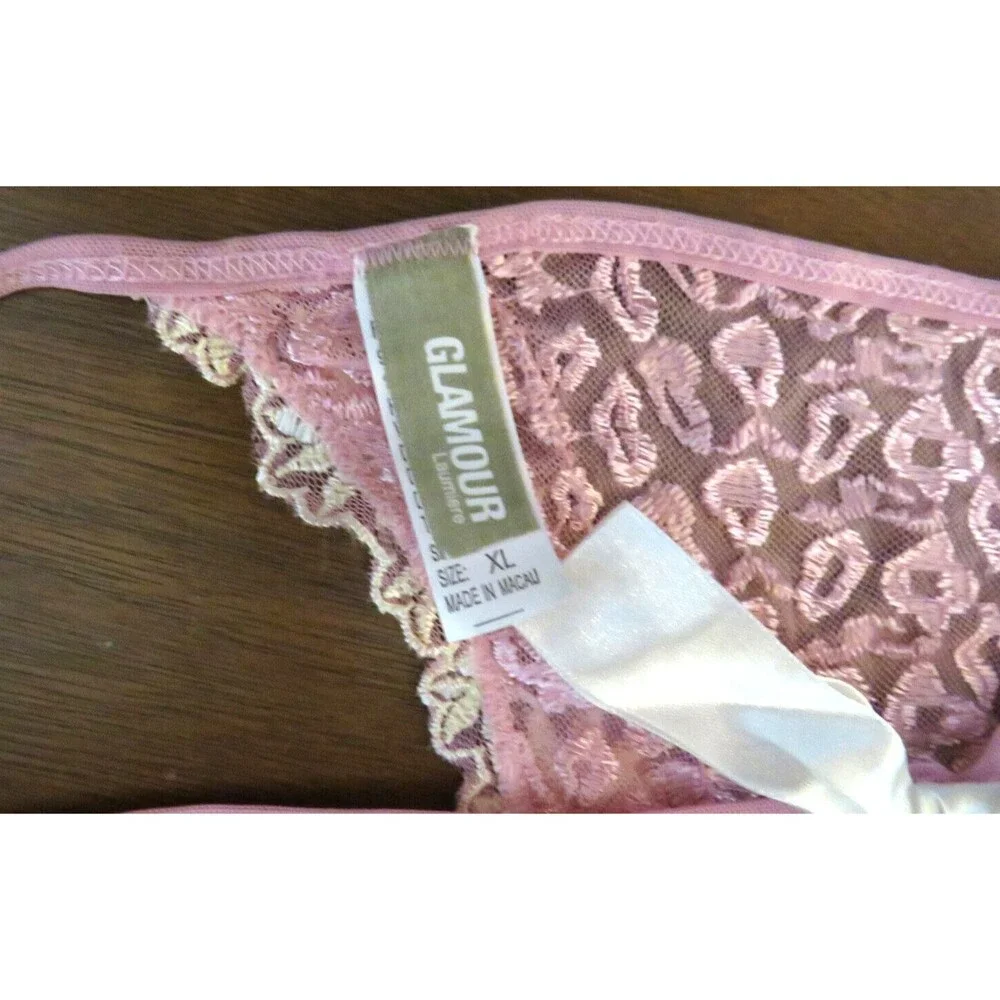 Vintage Glamour Pink Mesh Embroidered Thong Panties Satin Back Bow Size XL - Picture 10 of 14
